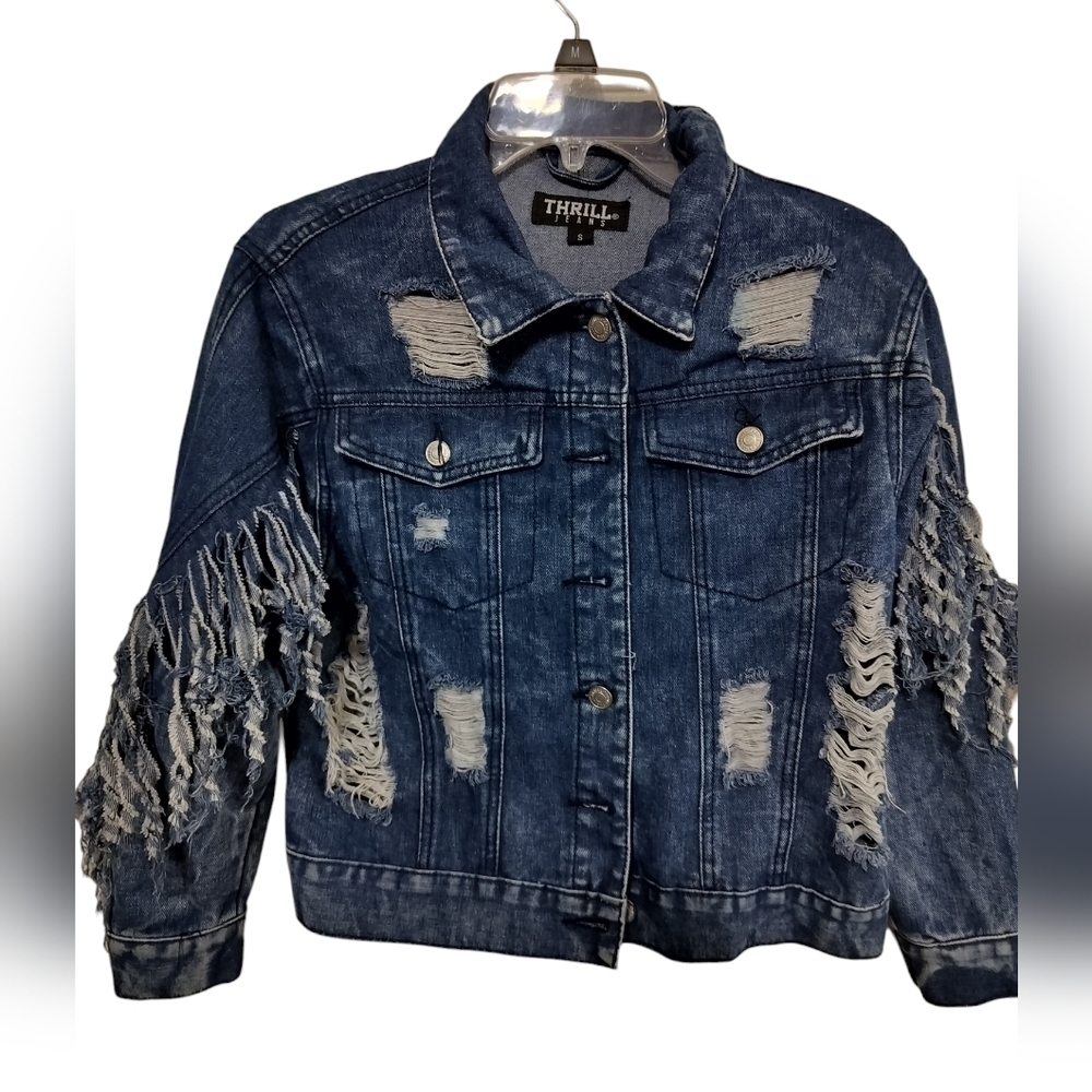 2058) THRILL Jeans Distress, Ripped, Destroyed, Frayed Denim Jacket Size Small